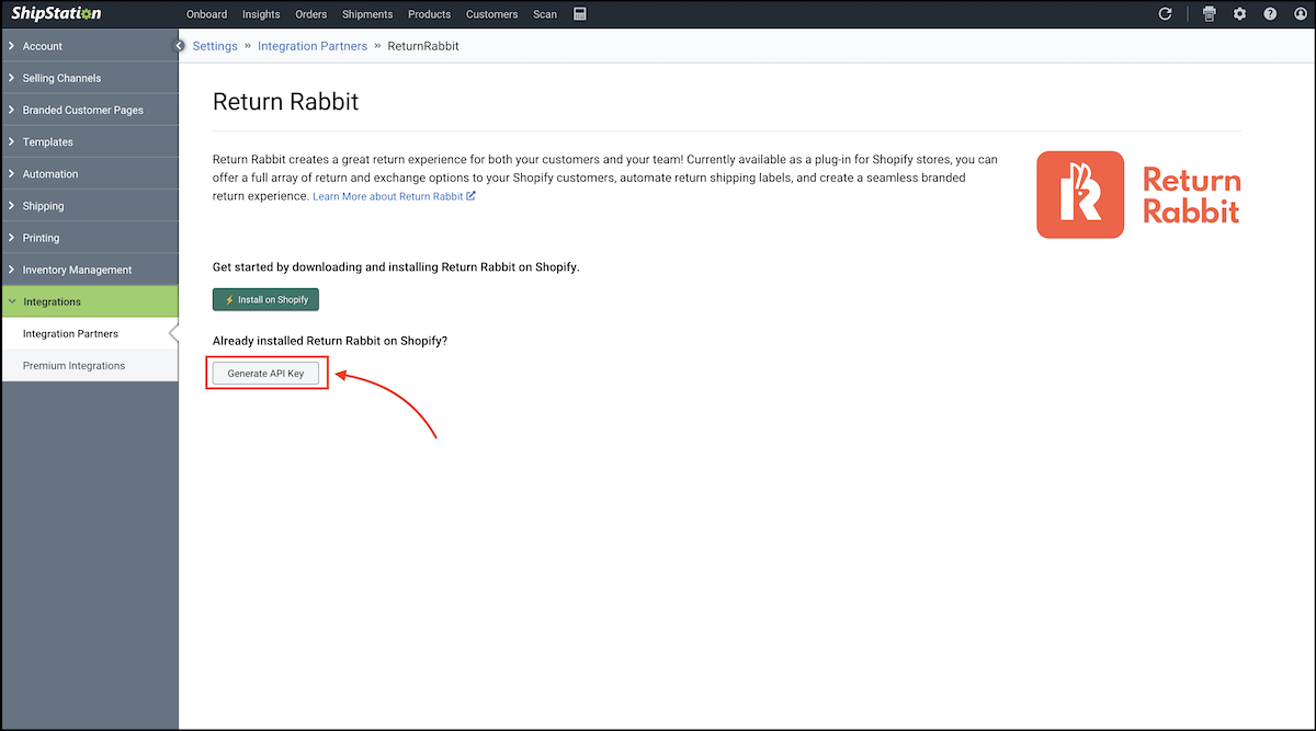 ShipStation settings with the Generate API Key button highlighted.