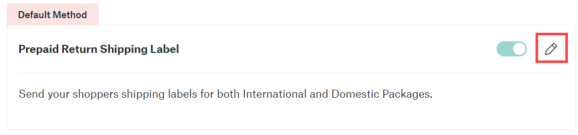 Prepaid Return Shipping Label section of page with edit button marked